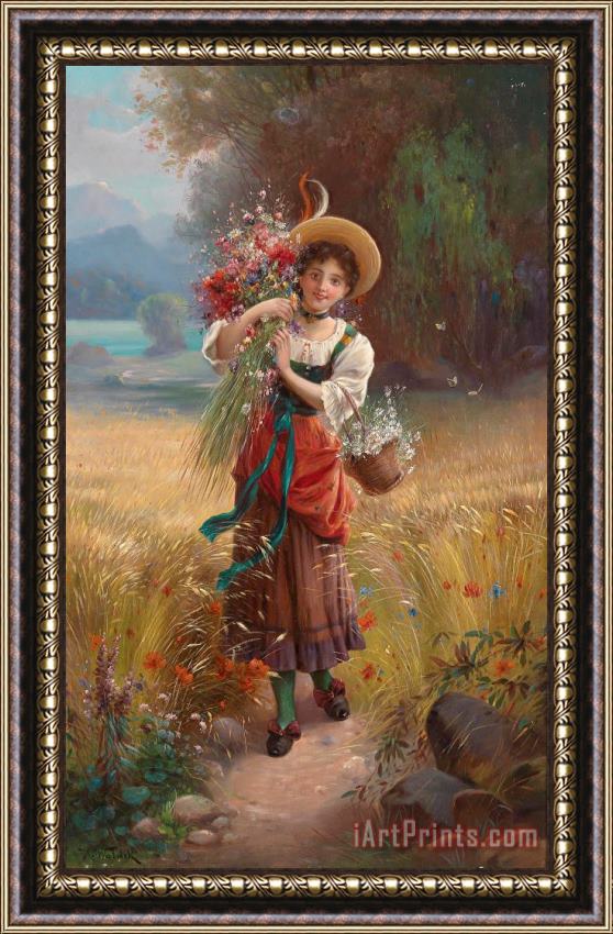Hans Zatzka Circle Flower Girl Framed Painting
