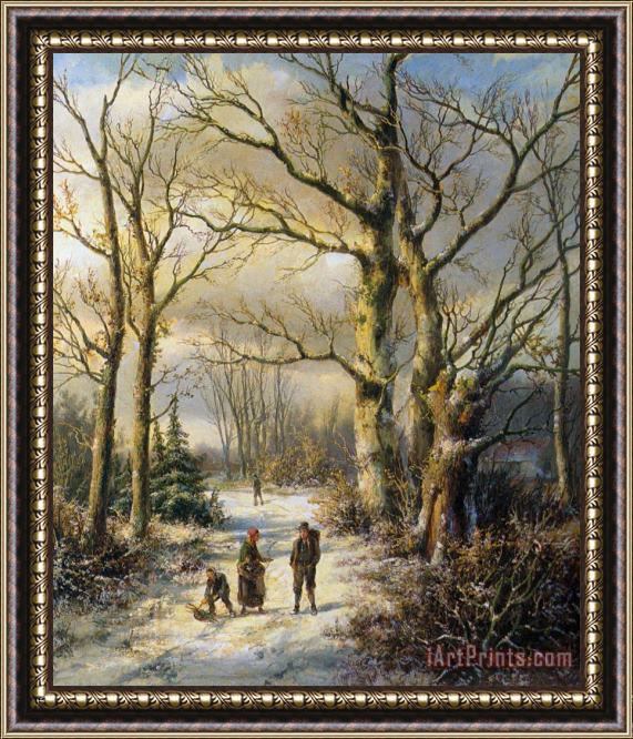 Hendrik Barend Koekkoek Woodgatherers in a Winter Forest Framed Painting