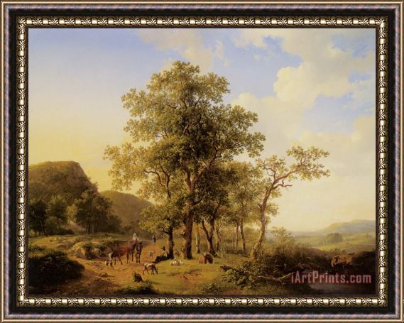 Hendrikus Van Den Sande Bakhuyzen A Treelined River Landscape with Figures And Cattle an a Path Framed Print