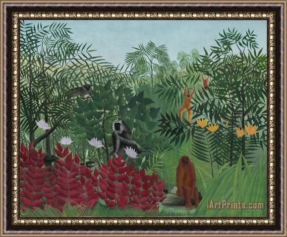 Henri J F Rousseau Tropical Forest With Monkeys Framed Painting