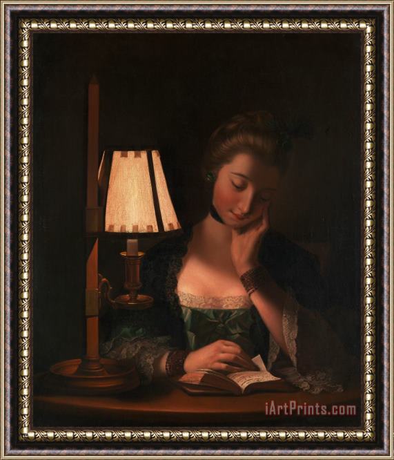 Henry Robert Morland Woman Reading by a Paper Bell Shade Framed Print