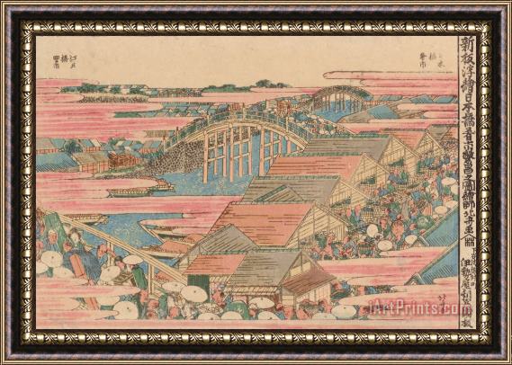 Hokusai Fish Market By River In Edo At Nihonbashi Bridge Framed Print