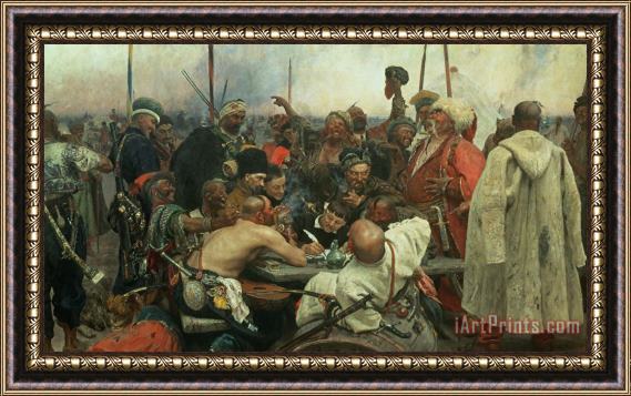 Ilya Efimovich Repin The Zaporozhye Cossacks writing a letter to the Turkish Sultan Framed Painting