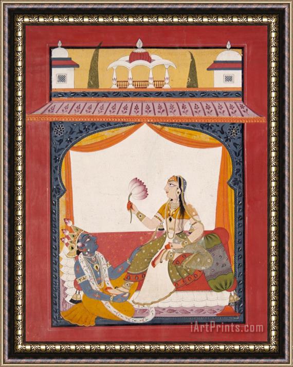 India, Punjab Hills, Mankot School Krishna Massaging The Feet of Radha, a Scene Possibly From The Gita Govinda Framed Painting