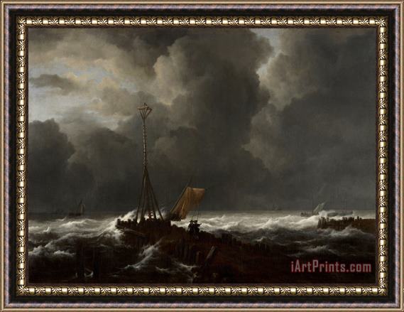 Jacob Isaacksz. van Ruisdael Rough Sea at a Jetty Framed Print