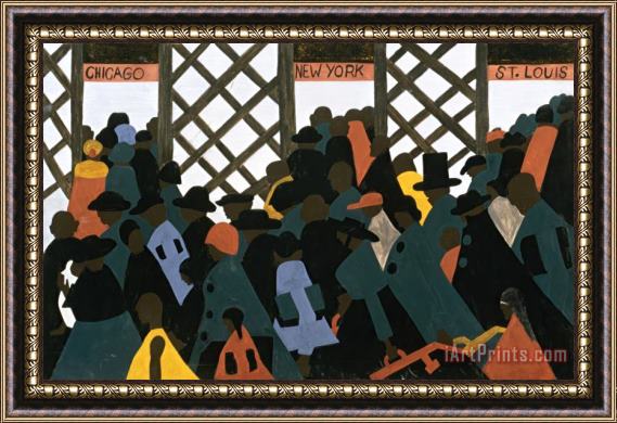 Jacob Lawrence The Migration Series, Panel No. 1: During World War I There Was a Great Migration North by Southern African Americans. Framed Painting