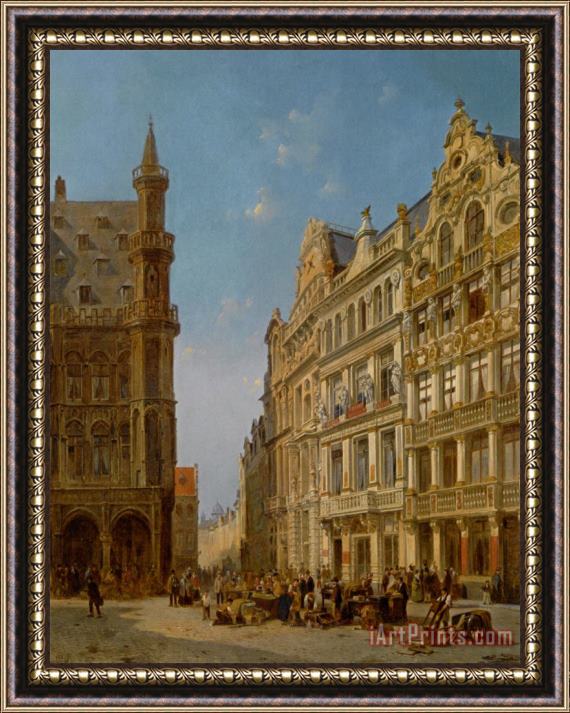 Jacques Carabain Many Figures at an Auction on The Grande Place in Brussels Framed Print