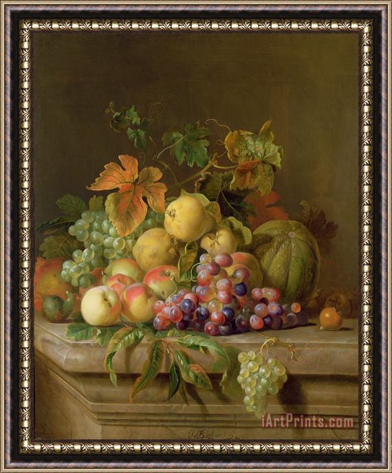 Jakob Bogdani A Still Life of Melons Grapes and Peaches on a Ledge Framed Print