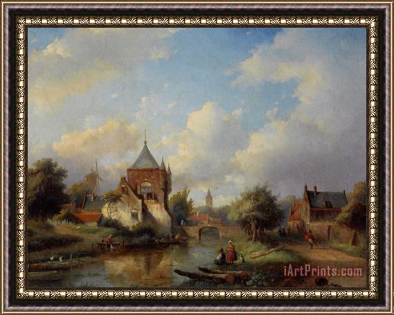 Jan Jacob Coenraad Spohler A Summer Landscape with Figures Along The Riverside Framed Painting