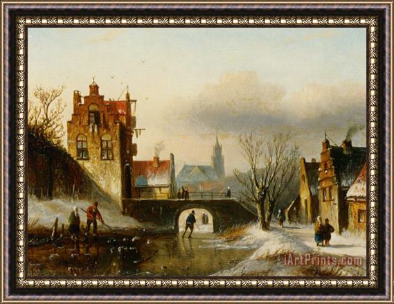 Jan Jacob Coenraad Spohler Figures on a Frozen Canal in a Dutch Town Framed Print