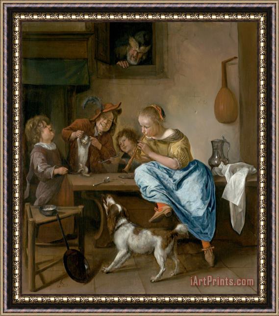 Jan Steen Children Teaching a Cat to Dance, Known As 'the Dancing Lesson' Framed Print