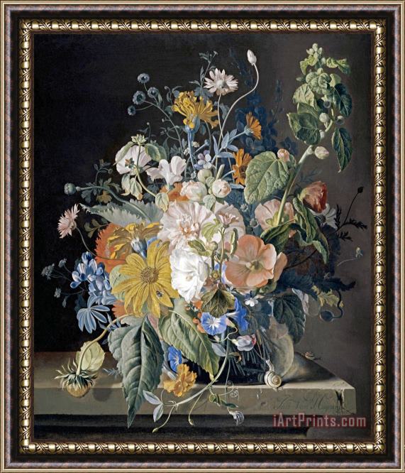 Jan Van Huysum Poppies, Hollyhock, Morning Glory, Viola, Daisies Framed Painting