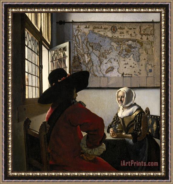 Jan Vermeer De Soldaat En Het Lachende Meisje Framed Painting
