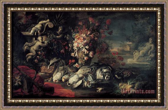Jean Baptiste Oudry Death Nature with Shooting Gear And Flowers II Framed Print