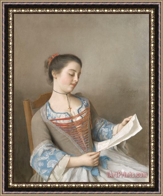 Jean-Etienne Liotard 'la Liseuse' (marianne Lavergne, Een Nicht Van De Kunstenaar, in Lyonese Plattelandskleding) Framed Painting
