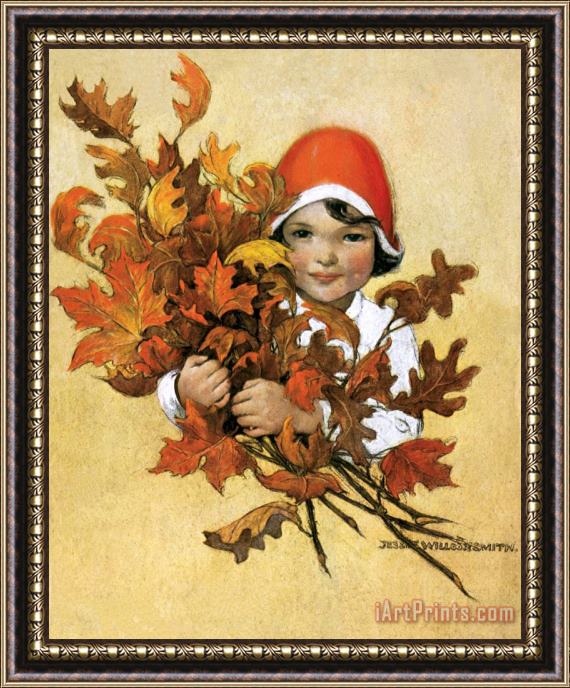 Jessie Willcox Smith Girl with Fall Leaves Framed Painting