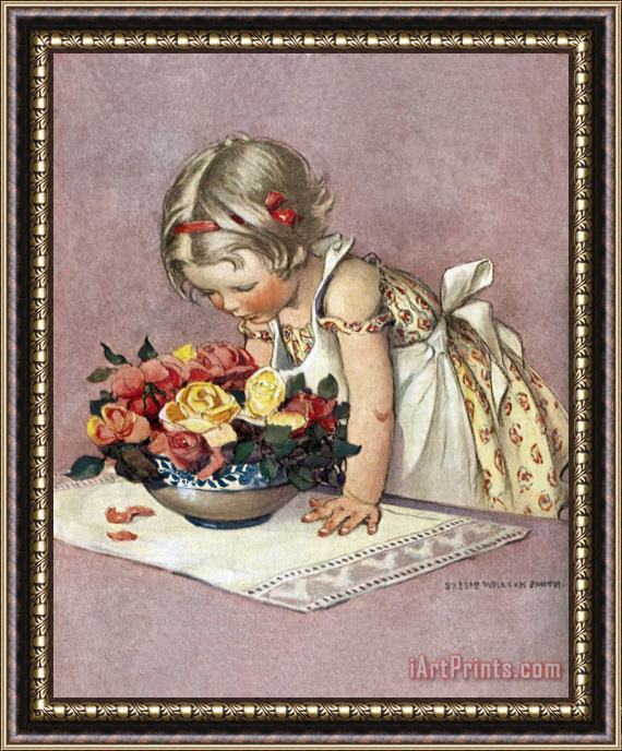 Jessie Willcox Smith Little Girl Admiring a Bowl of Roses Framed Painting