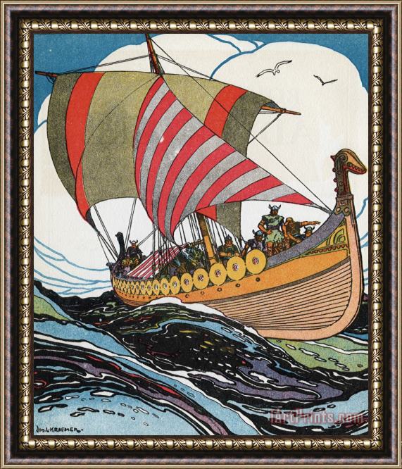 J.L. Kraemer Norse Explorer Leif Erickson's Ship Sailing Through Stormy Waters Framed Painting