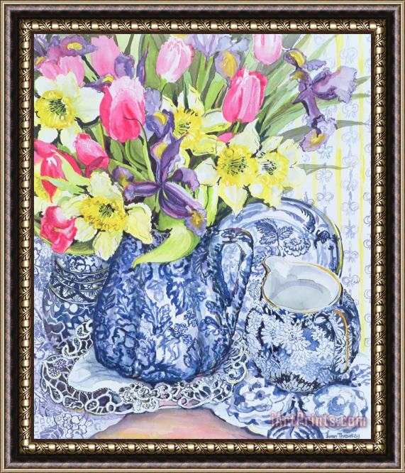 Joan Thewsey Daffodils Tulips And Irises With Blue Antique Pots Framed Painting