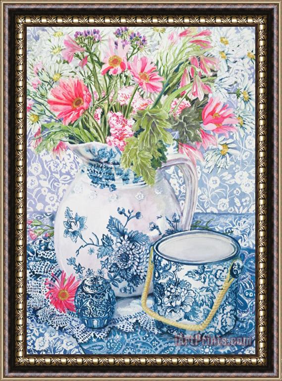 Joan Thewsey Gerberas In A Coalport Jug With Blue Pots Framed Painting