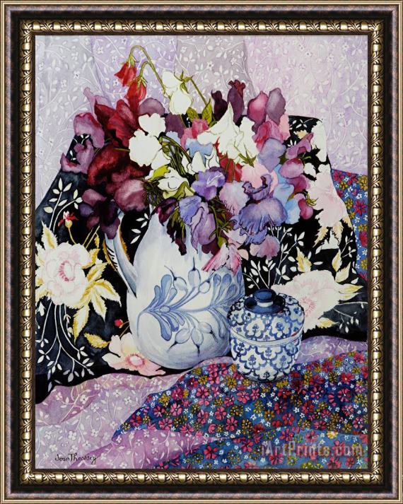 Joan Thewsey Sweet Peas In A Blue And White Jug With Blue And White Pot And Textiles Framed Print