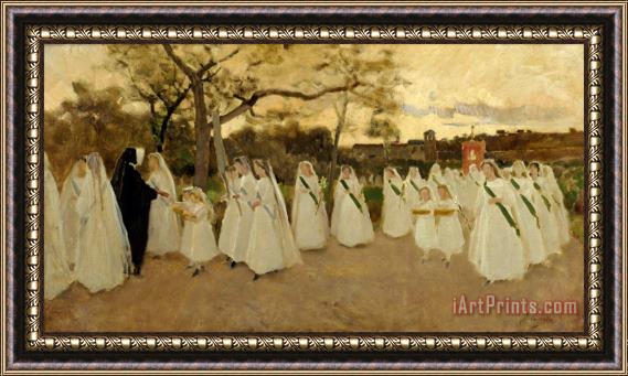 Joaquim Vayreda Procession of Schoolgirls Framed Painting