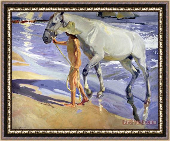 Joaquin Sorolla y Bastida Washing the Horse Framed Painting