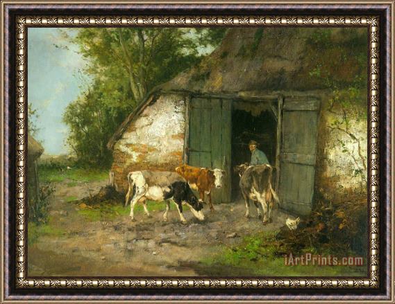 Johan Frederik Cornelis Scherrewitz Farmer And Cattle by a Stable Framed Painting