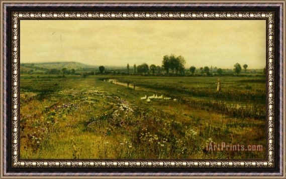 John Atkinson Grimshaw An Extensive Meadow Landscape with Geese by a Stream Framed Print