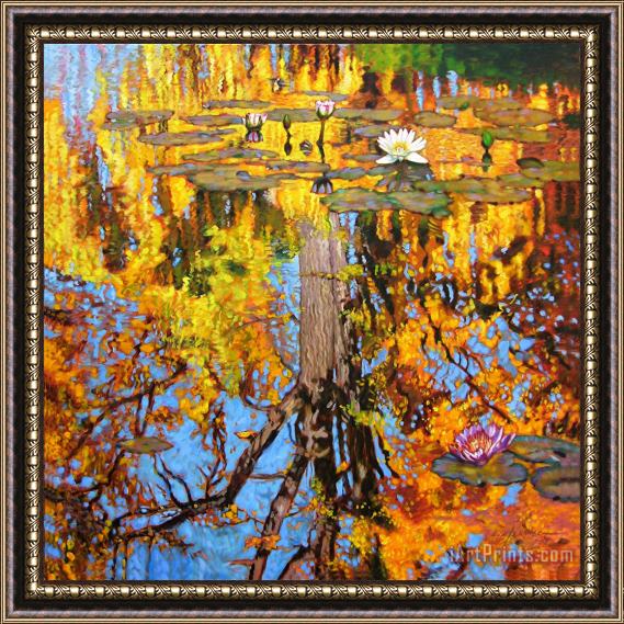John Lautermilch Golden Reflections on Lily Pond Framed Painting