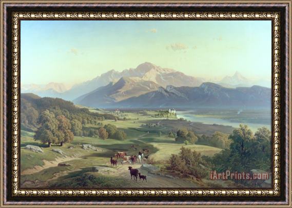 Josef Mayburger Drover on Horseback with his Cattle in a Mountainous Landscape with Schloss Anif Salzburg and beyond Framed Print