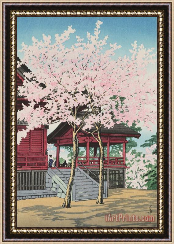 Kawase Hasui Cherry Blossoms at Kiyomizu Temple in Uyeno Park, Tokyo (uyeno Kiyomizu Do No Sakura) Framed Painting