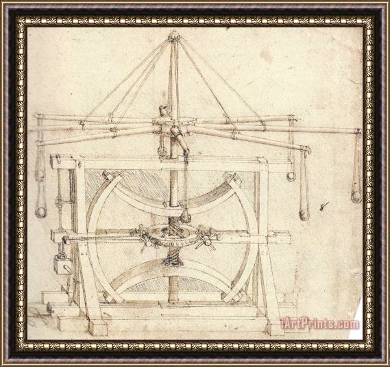 Leonardo da Vinci Flywheel Mechanical Drawing Framed Painting