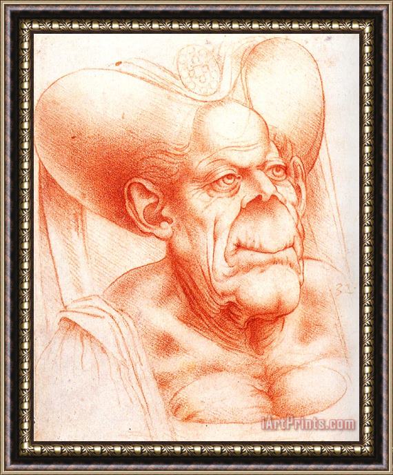 Leonardo da Vinci Grotesque Head Chalk Drawing Framed Painting