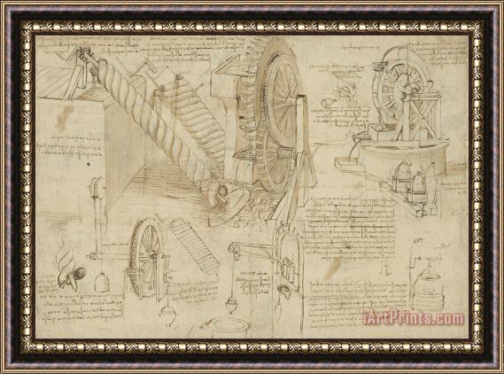 Leonardo da Vinci Machines To Lift Water Draw Water From Well And Bring It Into Houses From Atlantic Codex Framed Painting