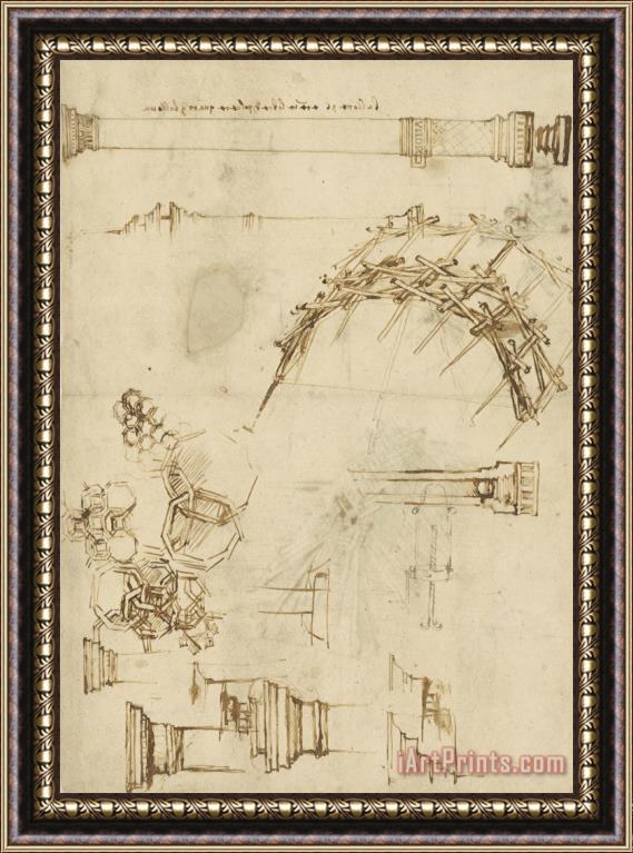 Leonardo da Vinci Screw Breech Bombard Decorative Geometrical Drawings Framework Of Self Supporting Military Bridge Framed Painting