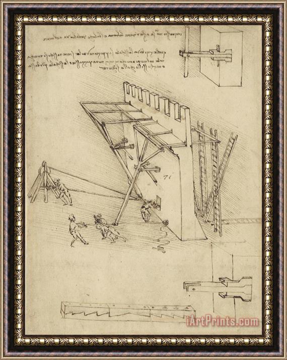 Leonardo da Vinci Siege Machine In Defense Of Fortification With Details Of Machine From Atlantic Codex Framed Painting