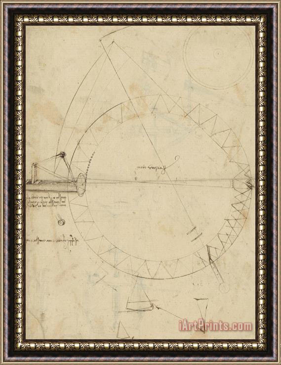 Leonardo da Vinci Wheel Sketch Of Drawing In Folio 956 Framed Painting