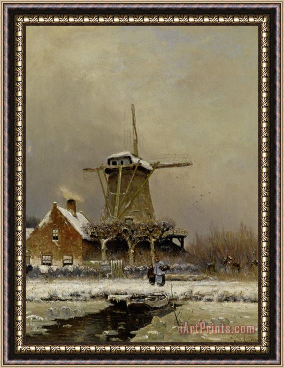 Louis Apol Figures by a Windmill in a Snow Covered Landscape Framed Painting