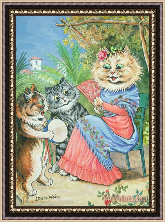 Louis Wain Mother cat with fan and two kittens Framed Painting