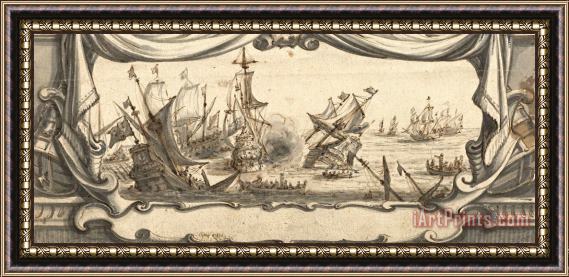 Ludolf Backhuysen Zeegevecht in Een Cartouche Framed Print