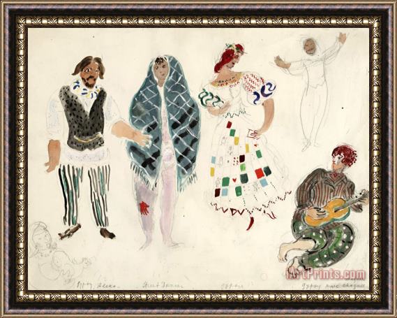 Marc Chagall A Street Dancer And Gypsies, Costume Design for Aleko (scene Ii). (1942) Framed Painting