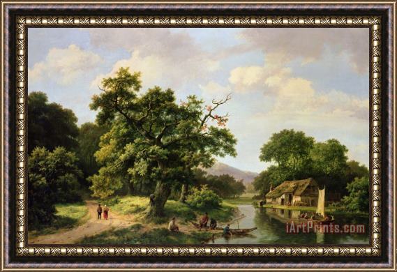 Marinus Adrianus Koekkoek Wooded River Landscape With Peasants Unloading A Ferry Framed Print