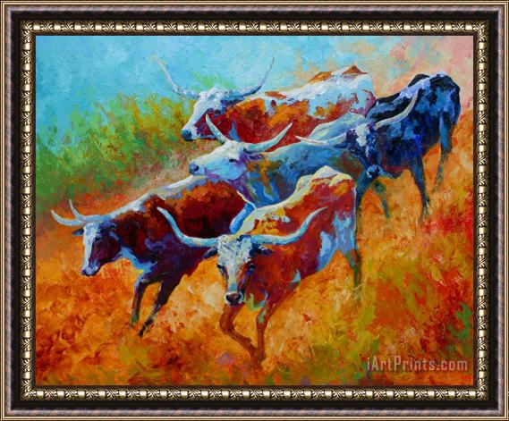 Marion Rose Over The Ridge - Longhorns Framed Painting