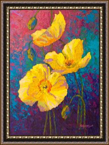 Yellow Framed Paintings - Yellow Poppies by Marion Rose