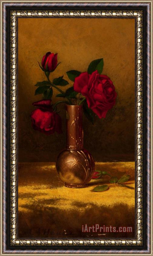 Martin Johnson Heade Red Roses in a Japanese Vase on a Gold Velvet Cloth 2 Framed Painting