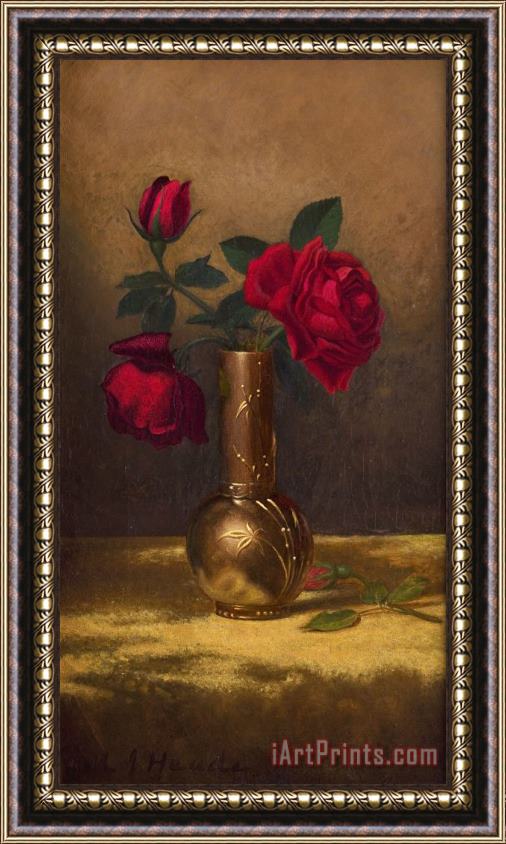 Martin Johnson Heade Red Roses in a Japanese Vase on a Gold Velvet Cloth Framed Painting