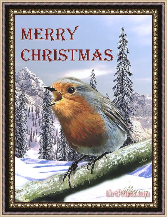 Michael Greenaway Christmas Card Red Robin Framed Painting