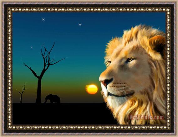 Michael Greenaway Lion Blue Sunset Framed Print
