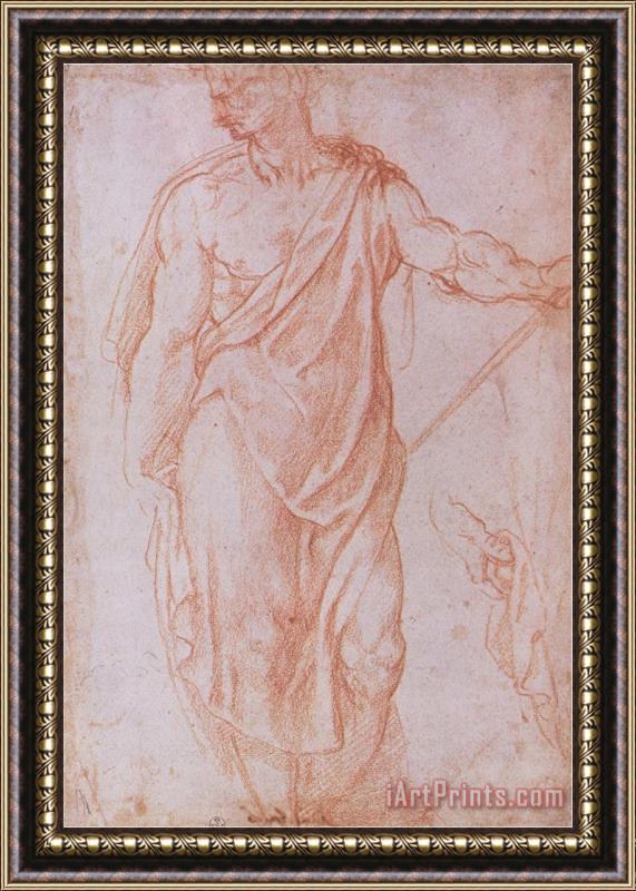 Michelangelo Buonarroti Sketch of a Man Holding a Staff And a Study of a Hand Framed Print